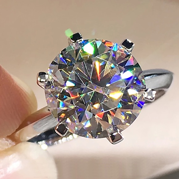 Round Cut Pure Diamond 925 Silver Solitaire Ring - Picture 6 of 16